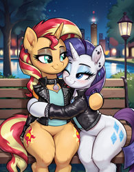 Size: 800x1024 | Tagged: safe, ai content, derpibooru import, generator:pony diffusion v6 xl, generator:stable diffusion, machine learning generated, rarity, sunset shimmer, pony, unicorn, g4, bench, city, clothes, collar, duo, duo female, ear fluff, ear piercing, ears, female, horn, hug, human shoulders, jacket, lesbian, mare, piercing, prompter:thelight3d, shipping, sitting, street lamp, sunsarity, wide hips