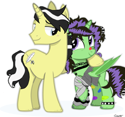 Size: 3333x3136 | Tagged: safe, artist:lunarglaze, derpibooru import, oc, oc only, oc:dolores, oc:hardy stray, alicorn, pegasus, pony, unicorn, bandage, bandaged leg, bat wings, bracelet, clothes, decoration, duo, duo male and female, emo hair strand, feet, female, hoof polish, horn, hug, jewelry, male, neck jewelry, patch, simple background, stocking feet, white background, wings