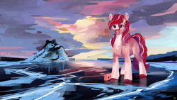 Size: 2560x1440 | Tagged: safe, artist:krapinkaius, derpibooru import, oc, oc only, earth pony, pony, brick, cloud, cloudy, earth pony oc, female, female oc, ice, iceberg, looking at you, mare, mare oc, outdoors, sky, solo, standing, sunset, unshorn fetlocks