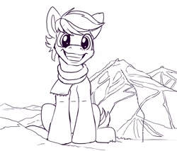 Size: 1498x1274 | Tagged: safe, artist:tsitra360, derpibooru import, double diamond, earth pony, pony, g4, clothes, giant pony, grin, looking at you, macro, male, monochrome, mountain, scarf, sitting, sketch, smiling, solo, stallion