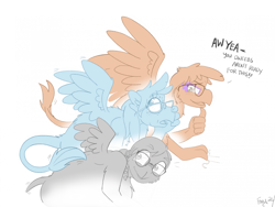 Size: 2214x1664 | Tagged: safe, artist:foxxy-arts, derpibooru import, gabby, gallus, gilda, griffon, human, g4, collar, eye clipping through hair, female, female to male, glasses, human to griffon, male, mid-transformation, open mouth, open smile, rule 63, simple background, smiling, spiked collar, sweat, transformation, transgender transformation, trio, white background