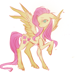 Size: 1080x1080 | Tagged: safe, artist:han9772786, derpibooru import, fluttershy, pegasus, pony, g4, blue eyes, female, full body, mare, pink mane, raised hoof, raised leg, simple background, sketchy, solo, white background, yellow coat