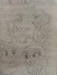 Size: 3120x4160 | Tagged: safe, artist:amin684682, derpibooru import, sunset shimmer, twilight sparkle, human, equestria girls, g4, duo, duo female, female, humanized, pencil drawing, photo, plushie, sketch, traditional art