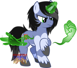 Size: 2915x2580 | Tagged: safe, artist:isaac_pony, derpibooru import, oc, oc only, oc:shainer shrapnel shock, pony, unicorn, doom equestria, angry, aura, equestria doom, female, hand, horn, logo, magic, magic aura, magic hands, show accurate, simple background, solo, transparent background, vector