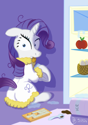 Size: 1132x1600 | Tagged: safe, artist:darkdabula, derpibooru import, rarity, g4, caught, clothes, coat, food, frazzled, ice cream, ice cube, refrigerator, sitting, solo