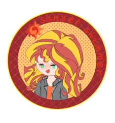 Size: 1071x1148 | Tagged: safe, artist:amin684682, derpibooru import, sunset shimmer, human, equestria girls, g4, badge, clothes, female, humanized, jacket, open mouth, open smile, red hair, simple background, smiling, solo, teal eyes, two toned hair, white background, yellow hair