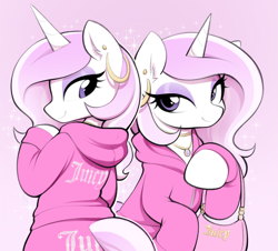 Size: 1845x1668 | Tagged: safe, artist:moozua, derpibooru import, fleur-de-lis, pony, unicorn, g4, bag, blackletter, clothes, ear fluff, ear piercing, earring, ears, eyelashes, eyeshadow, female, gradient background, handbag, hoodie, hooped earrings, horn, jewelry, looking at you, looking back, looking back at you, makeup, mare, necklace, outline, pants, piercing, purple eyeshadow, smiling, solo, sparkles, sweatpants, three quarter view, unicorn horn