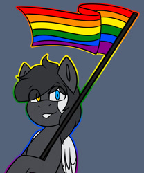 Size: 1067x1280 | Tagged: safe, artist:askhypnoswirl, derpibooru import, oc, oc only, oc:cloudy days, pegasus, commission, looking at you, male, pegasus oc, pride, pride flag, simple background, smiling, smiling at you, solo, ych result