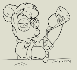 Size: 4233x3836 | Tagged: safe, artist:sollace, derpibooru import, oc, oc only, oc:ice quake, earth pony, pony, beaker, clothes, glasses, lab coat, monochrome, pencil, pencil behind ear, science, simple background, solo, test tube, this will end in disaster