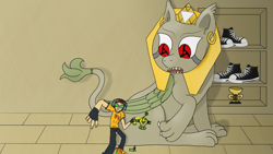 Size: 3840x2160 | Tagged: safe, artist:sewaddle36, derpibooru import, oc, oc:flunkerdunk, sphinx, claws, converse, crossover, duo, egyptian, folded wings, gold, graffiti, jet set radio, naruto, sharingan, shoes, tail, trophy, video game crossover, wings