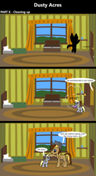 Size: 1920x3516 | Tagged: safe, artist:platinumdrop, derpibooru import, derpy hooves, oc, oc:dusty hooves, comic:dusty acres, series:technoverse, g4, 3 panel comic, comic, commission, dialogue, female, filly, foal, happy, head pat, mouth hold, pat, smiling, speech bubble, teleportation, toy, younger