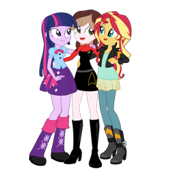 Size: 3000x3000 | Tagged: safe, artist:nie-martw-sie-o-mnie, derpibooru import, sunset shimmer, twilight sparkle, twilight sparkle (alicorn), oc, oc:captain becky ray shoichet, alicorn, human, better together, equestria girls, g4, boots, clothes, commission, commissioner:jrshinkansenhorse, crossover, friendship games outfit, hug, hug from behind, leg warmers, shoes, simple background, star trek, star trek: sunset shimmer, starfleet, starfleet uniform, time travel, transparent background