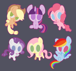 Size: 3162x2966 | Tagged: safe, artist:nimingxiwang168, derpibooru import, applejack, fluttershy, pinkie pie, rainbow dash, rarity, twilight sparkle, unicorn twilight, earth pony, pegasus, pony, unicorn, g4, chibi, cute, dashabetes, diapinkes, gray background, horn, jackabetes, lineless, mane six, raribetes, shyabetes, simple background, twiabetes