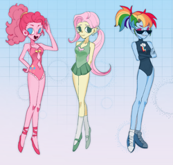 Size: 2291x2179 | Tagged: safe, artist:nimingxiwang168, derpibooru import, fluttershy, pinkie pie, rainbow dash, human, g4, belly, belly button, clothes, female, leotard, slender, thin, trio, trio female