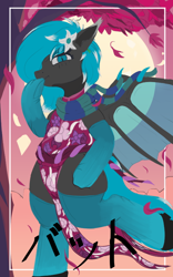 Size: 500x800 | Tagged: safe, artist:higherarch, derpibooru import, oc, oc only, oc:lucia, bat pony, pony, bat ears, bat wings, bipedal, bipedal leaning, blushing, border, clothes, colored, dress, ear fluff, ears, eyeshadow, flat colors, flower, flower in hair, hoof over mouth, japanese, leaf, leaning, leaves, looking at you, looking down, looking down at you, makeup, moon, poster, running, scarf, see-through, shoes, slit eyes, socks, solo, spread wings, stockings, striped scarf, stylized, text, thigh highs, tree, wind, wings