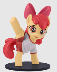 Size: 1900x2400 | Tagged: safe, ai content, derpibooru import, machine learning assisted, machine learning generated, apple bloom, earth pony, pony, g4, 3d, anonymous prompter, balancing, clothes, female, figurine, filly, foal, frog (hoof), gym uniform, hooves in air, open mouth, raised leg, shirt, shorts, simple background, smiling, solo, t-shirt, tongue, tongue out, underhoof, white background, workout