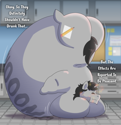 Size: 2500x2584 | Tagged: safe, artist:brushwork, derpibooru import, oc, oc:greyline, pony, unicorn, belly, belly bed, breast expansion, breasts, chestbreasts, eyes closed, growth, horn, impossibly large belly, inflation, onomatopoeia, solo