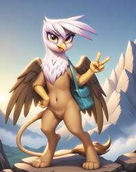 Size: 2048x2592 | Tagged: safe, ai content, derpibooru import, generator:stable diffusion, machine learning generated, gilda, semi-anthro, g4, adorasexy, bag, belly, belly button, bipedal, cute, gesture, looking at you, mountain, open mouth, peace sign, prompt in description, prompter:pzkratzer, pubic fluff, sexy, shoulder bag, tongue, tongue out