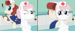 Size: 6000x2500 | Tagged: safe, artist:mariculture, derpibooru import, ponerpics import, nurse neightingale, nurse redheart, earth pony, pony, g4, clipboard, duo, exclamation point, female, hat, mare, massage, nurse, nurse hat, wince