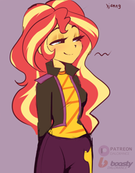 Size: 2000x2568 | Tagged: safe, artist:xjenn9, derpibooru import, sunset shimmer, human, equestria girls, g4, blushing, clothes, cute, female, hands behind back, high res, jacket, lavender background, lidded eyes, music festival outfit, shimmerbetes, signature, simple background, smiling, solo, watermark