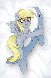 Size: 1830x2795 | Tagged: safe, artist:scarffist, derpibooru import, derpy hooves, pegasus, pony, shark, g4, base artist:dianamur, base used, blonde, blonde hair, blonde mane, blonde tail, blåhaj, body pillow, cute, golden eyes, gritted teeth, happy, hug, long hair, long mane, long tail, lying, lying down, pillow, pillow hug, plushie, shark plushie, shiny hooves, smiling, solo, tail, teeth, toy, wings