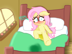 Size: 1440x1080 | Tagged: safe, artist:heeheemans25, derpibooru import, fluttershy, pegasus, semi-anthro, g4, bed, bed hair, bedwetting, caught, ears, eep, embarrassed, fetish, floppy ears, fluttershy's cottage, fluttershy's cottage (interior), pissing, scared, solo, urine, watersports, wetting, window