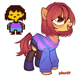 Size: 4096x4096 | Tagged: safe, artist:p3ar07, derpibooru import, earth pony, pony, base used, clothes, frisk, ponified, short hair, simple background, species swap, sweater, undertale, white background