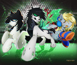 Size: 2348x1987 | Tagged: safe, artist:hbmv4n, derpibooru import, oc, oc only, oc:shade, changeling, pegasus, pony, g4, black mane, black tie, changeling oc, chitin, clothes, collared shirt, complex background, dark aero, derp, digital art, digital painting, disguise, disguised changeling, ear piercing, ear plugs, gauges, gray coat, halftone, headphones, leg warmers, multiple variants, pegasus oc, piercing, screentone, shirt, socks, striped socks, tail, white coat, yellow mane, yellow tail