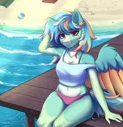 Size: 2000x2070 | Tagged: safe, artist:alunedoodle, derpibooru import, oc, oc only, anthro, pegasus, beach, belly, belly button, breasts, cleavage, clothes, ear piercing, earring, female, hairclip, jewelry, looking at you, midriff, outdoors, partially open wings, pier, piercing, shirt, short shirt, sitting, smiling, smiling at you, solo, swimsuit, water, wings