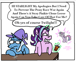 Size: 1662x1343 | Tagged: safe, artist:punkittdev, derpibooru import, starlight glimmer, trixie, twilight sparkle, twilight sparkle (alicorn), alicorn, pony, unicorn, g4, bubble tea, comic panel, dialogue, drink, female, figurine, frown, grin, gundam, horn, levitation, magic, mare, simple background, smiling, speech bubble, telekinesis, teleportation, trio, trio female, white background