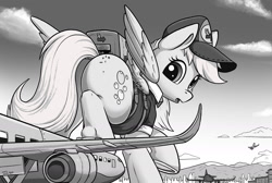 Size: 2000x1340 | Tagged: safe, artist:tsitra360, derpibooru import, derpy hooves, pegasus, pony, g4, airport, background pony, black and white, butt, cap, city, clothes, delivery pony, female, giant pony, giantess, grayscale, hat, looking back, macro, mare, monochrome, open mouth, plane, plot, solo, uniform