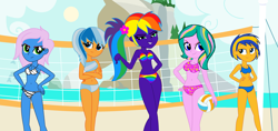 Size: 3698x1743 | Tagged: safe, artist:star-armour95, derpibooru import, oc, oc only, oc:flare spark, oc:radiant rail, oc:rainbow flower, oc:star heart, oc:sunlight mist, human, equestria girls, g4, female, sports, volleyball, volleyball net