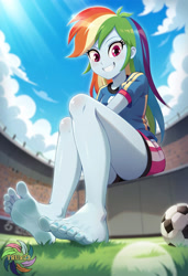 Size: 2496x3648 | Tagged: safe, ai content, derpibooru import, machine learning generated, rainbow dash, human, equestria girls, g4, ball, blurry background, feet, female, fetish, foot fetish, grass, grass field, legs, looking at you, low angle, prompter:trux23, smiling, smiling at you, soccer field, soles, solo, toes