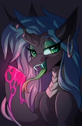 Size: 1300x2000 | Tagged: safe, artist:dodsie, derpibooru import, queen chrysalis, changeling, collaboration, g4, alternate design, bust, collaboration:meet the best showpony, ear piercing, fangs, female, long tongue, piercing, portrait, solo, tongue, tongue out