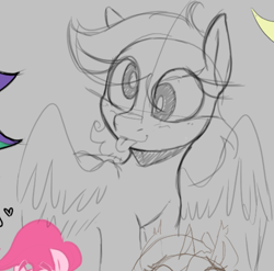 Size: 796x786 | Tagged: safe, artist:lockheart, derpibooru import, derpy hooves, pinkie pie, pegasus, pony, g4, derp, eye clipping through hair, female, gray background, grayscale, mare, monochrome, offscreen character, partially open wings, simple background, smiling, tongue, tongue out, wings