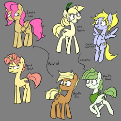 Size: 1155x1155 | Tagged: safe, artist:this_sl0th, derpibooru import, oc, oc only, oc:cruiser contrails, oc:doodle doo, oc:loopy loo, oc:nilla puddins, oc:peach punch, oc:vanilla bean, earth pony, pegasus, pony, unicorn, female, horn, male, mare, ponysona, stallion