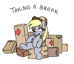 Size: 1040x902 | Tagged: safe, artist:myra, derpibooru import, derpy hooves, pegasus, pony, g4, box, boxes, breaktime, cap, female, hat, job, mailmare, mailmare hat, nervous, resting, simple background, sitting, solo, sweat, white background