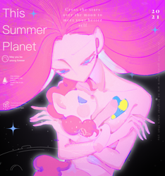 Size: 1729x1846 | Tagged: safe, artist:nimingxiwang168, derpibooru import, pinkie pie, earth pony, human, pony, g4, abstract background, duo, duo female, embrace, female, glowing, holding a pony, human ponidox, humanized, looking at each other, looking at someone, mare, self paradox, self ponidox, sparkles, text