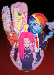 Size: 2048x2836 | Tagged: safe, artist:nimingxiwang168, derpibooru import, fluttershy, pinkie pie, rainbow dash, human, equestria girls, g4, blood, chainsaw, cigarette, clothes, female, fluttershed, fork, gradient background, knife, necktie, open mouth, open smile, pinkamena diane pie, smiling, smoke, smoking, trio, trio female