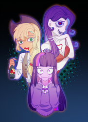 Size: 2048x2836 | Tagged: safe, artist:nimingxiwang168, derpibooru import, applejack, rarity, twilight sparkle, human, lil-miss rarity, equestria girls, g4, alcohol, beer, crying, drool, female, gradient background, heart, heart eyes, holding, scar, trio, trio female, wingding eyes