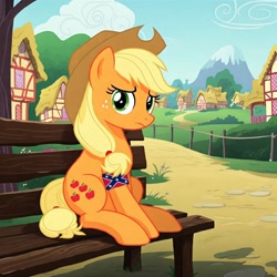 Size: 2048x2048 | Tagged: source needed, safe, ai content, derpibooru import, machine learning generated, applejack, earth pony, pony, g4, confederate flag, female, generator:imagen 3, mare, ponyville, prompter needed, show accurate, sitting, solo, why