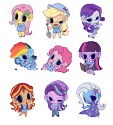 Size: 2402x2660 | Tagged: safe, artist:nimingxiwang168, derpibooru import, applejack, fluttershy, pinkie pie, rainbow dash, rarity, starlight glimmer, sunset shimmer, trixie, twilight sparkle, human, equestria girls, g4, chibi, cute, group, humane five, humane seven, humane six, simple background, white background