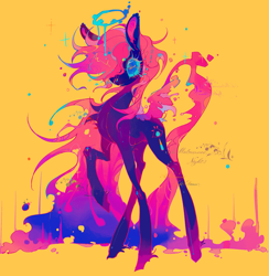 Size: 1813x1856 | Tagged: safe, artist:nimingxiwang168, derpibooru import, pegasus, pony, blue sclera, color contrast, color porn, colorful, female, halo, mare, orange background, pink mane, pink tail, purple coat, raised hoof, raised leg, simple background, solo, tail