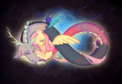 Size: 3281x2274 | Tagged: safe, artist:nimingxiwang168, derpibooru import, discord, fluttershy, draconequus, pegasus, pony, g4, duo, duo male and female, female, flower, flower in tail, infinity symbol, male, mare, one wing out, sleeping, smiling, space, tail, wings