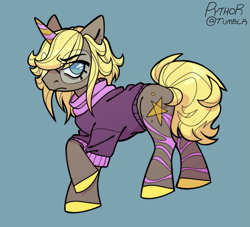 Size: 1033x937 | Tagged: oc name needed, safe, artist:fluttershyes, derpibooru import, oc, oc only, pony, unicorn, blonde, blonde mane, blonde tail, brown coat, colored hooves, commission, eye clipping through hair, eyebrows, eyebrows visible through hair, eyelashes, glasses, hooves, horn, leg markings, leg stripes, looking back, narrowed eyes, no pupils, round glasses, solo, standing on three hooves, stripes, sweater vest, tail, teal eyes, three quarter view, unicorn oc, yellow hooves