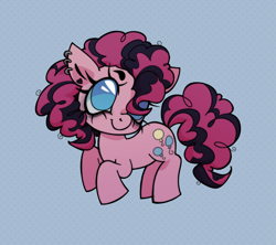 Size: 900x800 | Tagged: safe, artist:fluttershyes, derpibooru import, part of a set, pinkie pie, earth pony, pony, g4, bags under eyes, big eyes, black eyeshadow, blue eyes, chibi, curly hair, curly mane, curly tail, dyed mane, dyed tail, ear piercing, earring, eyelashes, eyeshadow, female, heart earring, jewelry, looking up, makeup, mare, no catchlights, patterned background, piercing, pink coat, raised hooves, smiling, solo, tail, three quarter view, two toned mane, two toned tail