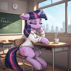 Size: 1024x1024 | Tagged: safe, ai content, derpibooru import, generator:pony diffusion v6 xl, generator:stable diffusion, machine learning generated, twilight sparkle, unicorn twilight, pony, unicorn, g4, chalkboard, city, clothes, coffee cup, cup, eyes closed, female, horn, mare, prompter:thelight3d, schoolgirl, solo, window