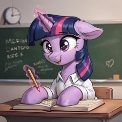 Size: 1024x1024 | Tagged: safe, ai content, derpibooru import, generator:pony diffusion v6 xl, generator:stable diffusion, machine learning generated, twilight sparkle, unicorn twilight, pony, unicorn, g4, book, chalkboard, clothes, female, horn, magic, mare, pencil, prompter:thelight3d, schoolgirl, solo, telekinesis