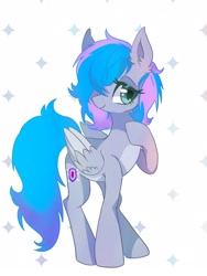 Size: 1200x1600 | Tagged: safe, artist:stacy_165cut, derpibooru import, oc, oc only, oc:virtuous hope, pegasus, pony, blue mane, colored belly, colored eyelashes, colored pinnae, colored pupils, colored wings, colored wingtips, ear fluff, ears, female, female oc, folded wings, freckles, gradient tail, gray coat, gray wingtips, green eyelashes, green eyes, green pupils, hair over one eye, hoof on chest, lidded eyes, long legs, mare, mare oc, pale belly, patterned background, pegasus oc, raised hoof, raised leg, requested art, shiny eyelashes, smiling, solo, standing, standing on three hooves, tail, three quarter view, two toned mane, two toned wings, wing fluff, wings