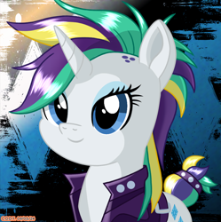 Size: 1980x1986 | Tagged: safe, artist:codenamekid, derpibooru import, rarity, pony, unicorn, g4, alternate hairstyle, bald spots, clothes, complex background, eyelashes, eyeshadow, female, highlights, horn, jacket, looking at you, makeup, mare, punk, raripunk, shading, smiling, smiling at you, solo